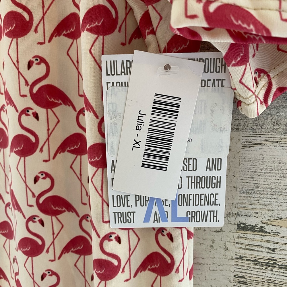 LuLaRoe Beige and Pink Flamingo Print Julia Dress - Picture 3 of 5